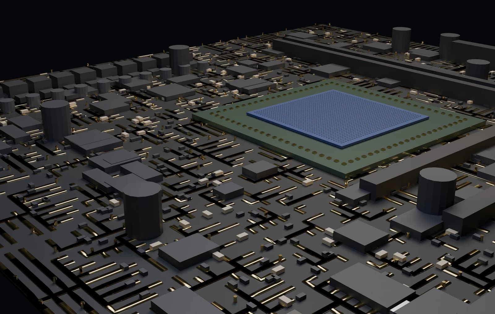 An illustration of a blue processor surrounded by components on a circuit board